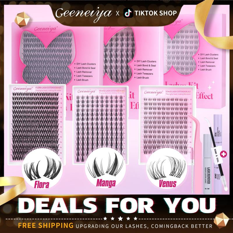 Geeneiya Lashes DIY Lash Clusters Kit, 8-18MM Wet Set Lash Extensions, Ultra-Thin Soft Band Eyelash Extension Kit with Waterproof Lash Bond and Seal, Professional Lash Remover, Tweezers for Girls Gift Makeup Cosmetic (Venus/ Flora/ Wet Manga)