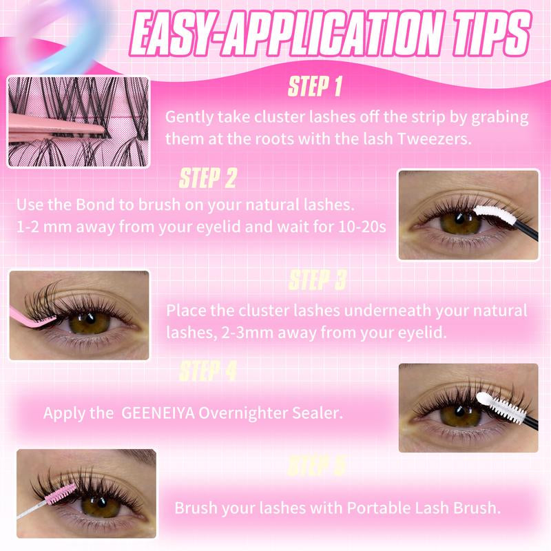 Geeneiya Lashes DIY Lash Clusters Kit, 8-18MM Wet Set Lash Extensions, Ultra-Thin Soft Band Eyelash Extension Kit with Waterproof Lash Bond and Seal, Professional Lash Remover, Tweezers for Girls Gift Makeup Cosmetic (Venus/ Flora/ Wet Manga)