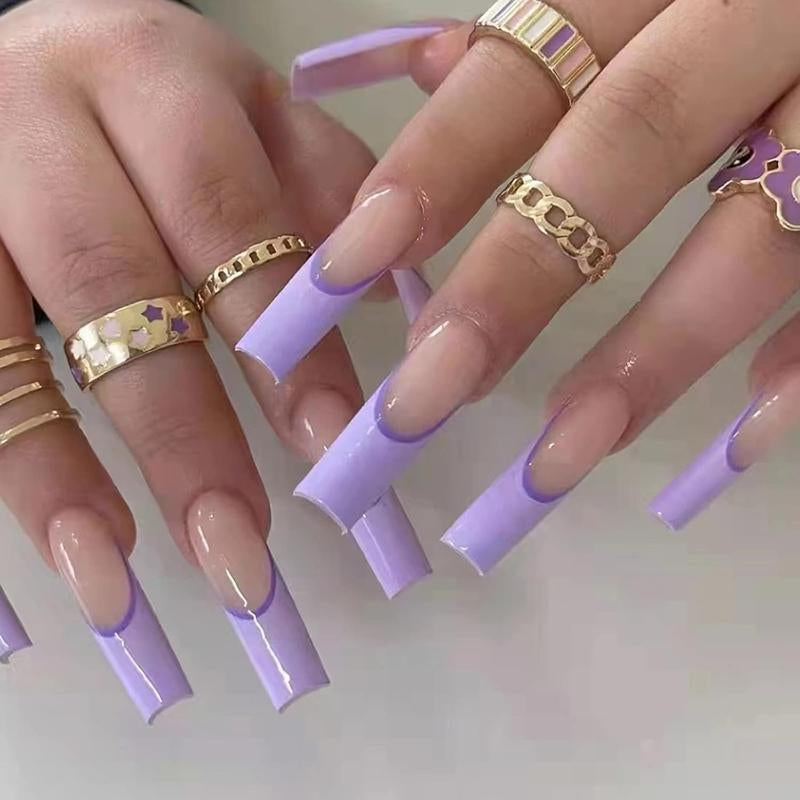 Long Press on Nails Square Fake Nails Press Ons Black White French Tip Glue on Nails Gothic Extra Long Squoval Acrylic Nails with Star Y2K Design 24Pcs Glossy