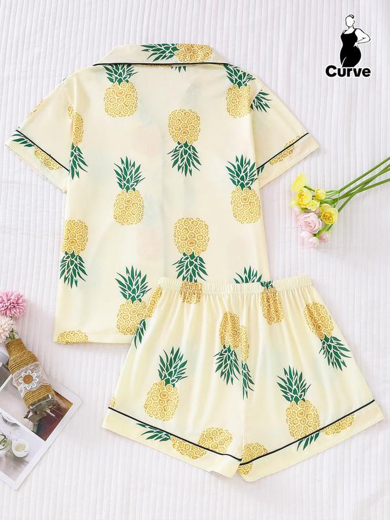 2-Piece Fruit Printed Women'S Pajama Set - Comfortable Short Sleeve Button up Shirt, Leading and Elastic Waist Shorts, Couples' Casual Four Seasons Pajamas and Home Clothes, Machine Washable, Polyester Blended