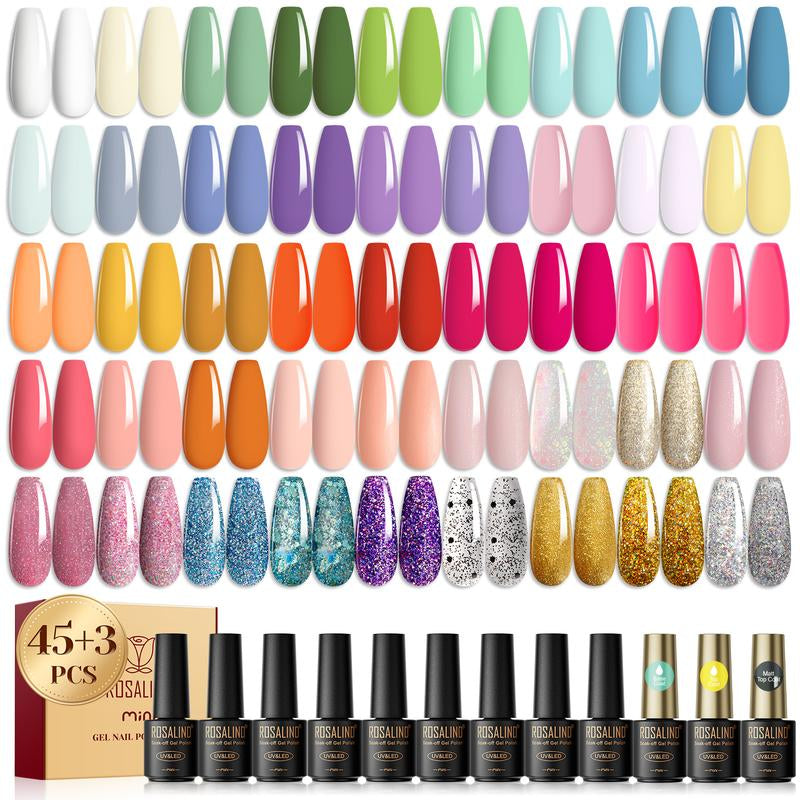 ROSALIND Multi-Colors Gel Nail Polish Set 48PCS Nude Pink Shiny Colorful with Base Matte & Glossy Gel Top Coat Gel Varnish Set Suitable Party Design