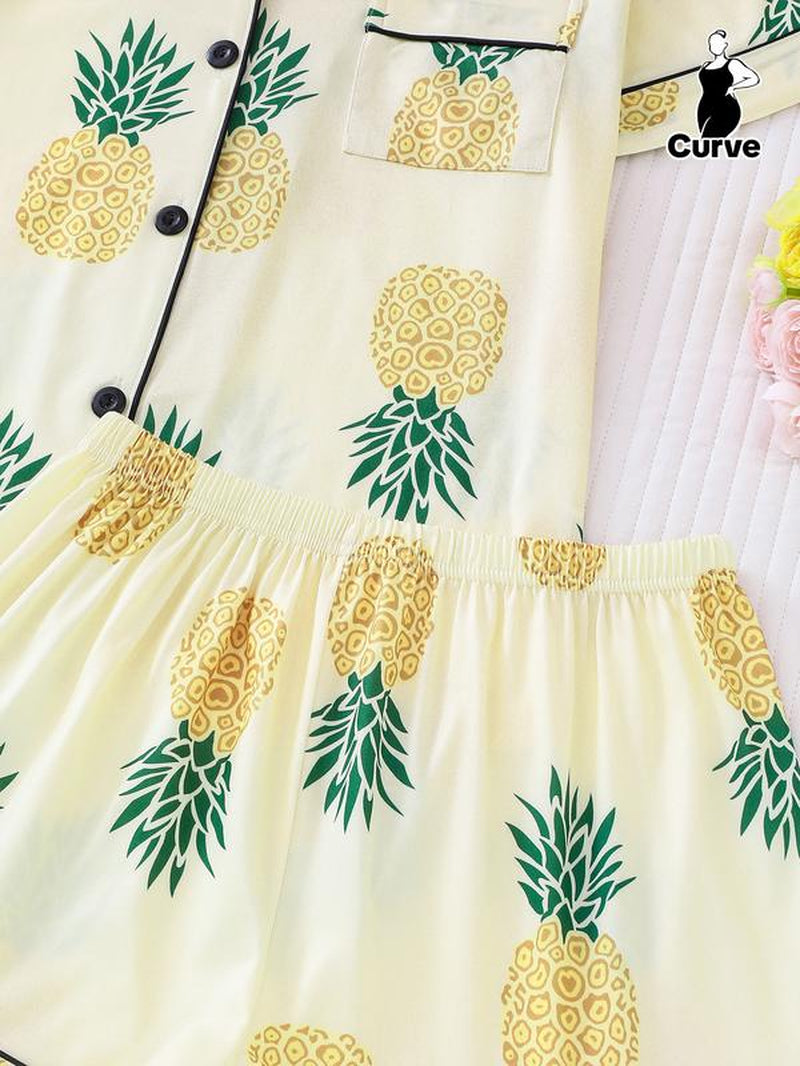 2-Piece Fruit Printed Women'S Pajama Set - Comfortable Short Sleeve Button up Shirt, Leading and Elastic Waist Shorts, Couples' Casual Four Seasons Pajamas and Home Clothes, Machine Washable, Polyester Blended