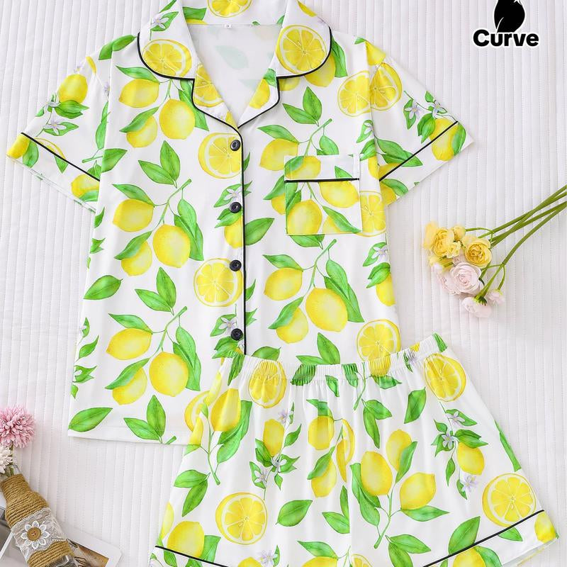 2-Piece Fruit Printed Women'S Pajama Set - Comfortable Short Sleeve Button up Shirt, Leading and Elastic Waist Shorts, Couples' Casual Four Seasons Pajamas and Home Clothes, Machine Washable, Polyester Blended