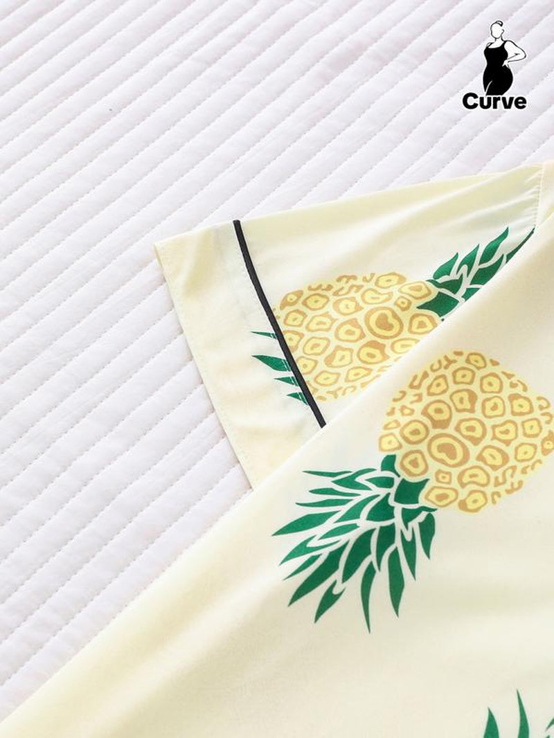 2-Piece Fruit Printed Women'S Pajama Set - Comfortable Short Sleeve Button up Shirt, Leading and Elastic Waist Shorts, Couples' Casual Four Seasons Pajamas and Home Clothes, Machine Washable, Polyester Blended