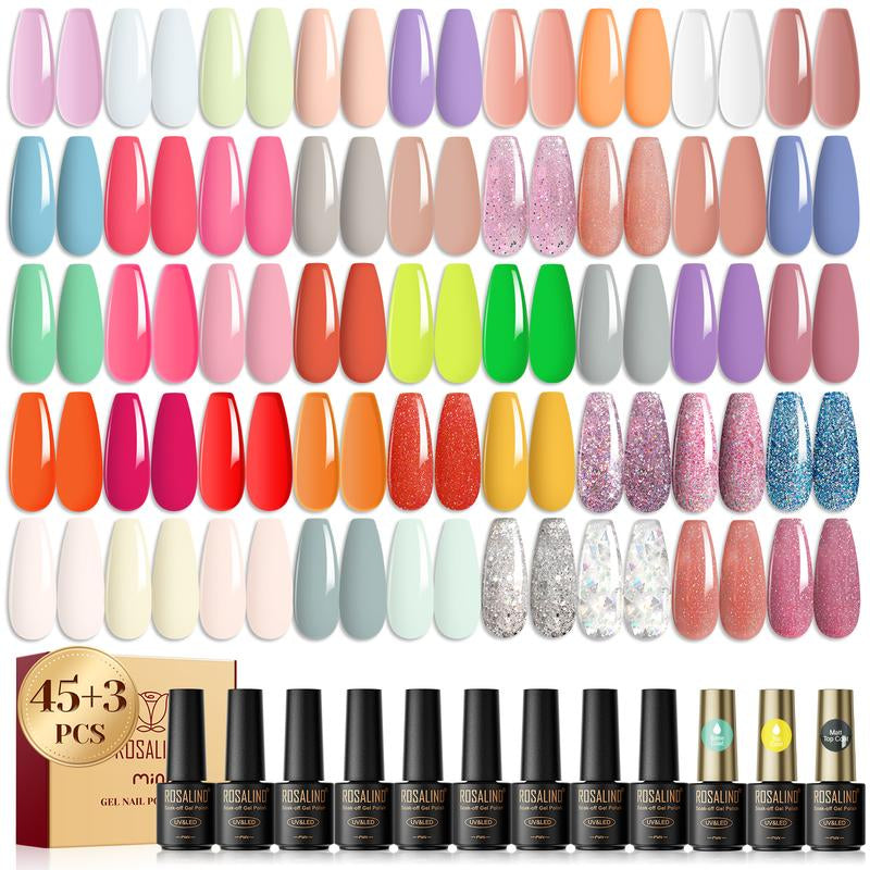 ROSALIND Multi-Colors Gel Nail Polish Set 48PCS Nude Pink Shiny Colorful with Base Matte & Glossy Gel Top Coat Gel Varnish Set Suitable Party Design