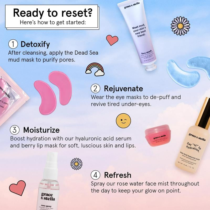 Grace & Stella Weekend Reset Skincare Gift Set Hyaluronic Vegan Self-Care Pamper Set under Eye Masks Lip Mask Rose Water Spray Hydration Glow