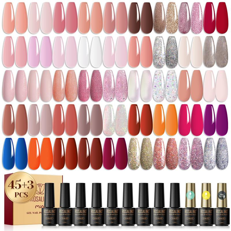 ROSALIND Multi-Colors Gel Nail Polish Set 48PCS Nude Pink Shiny Colorful with Base Matte & Glossy Gel Top Coat Gel Varnish Set Suitable Party Design