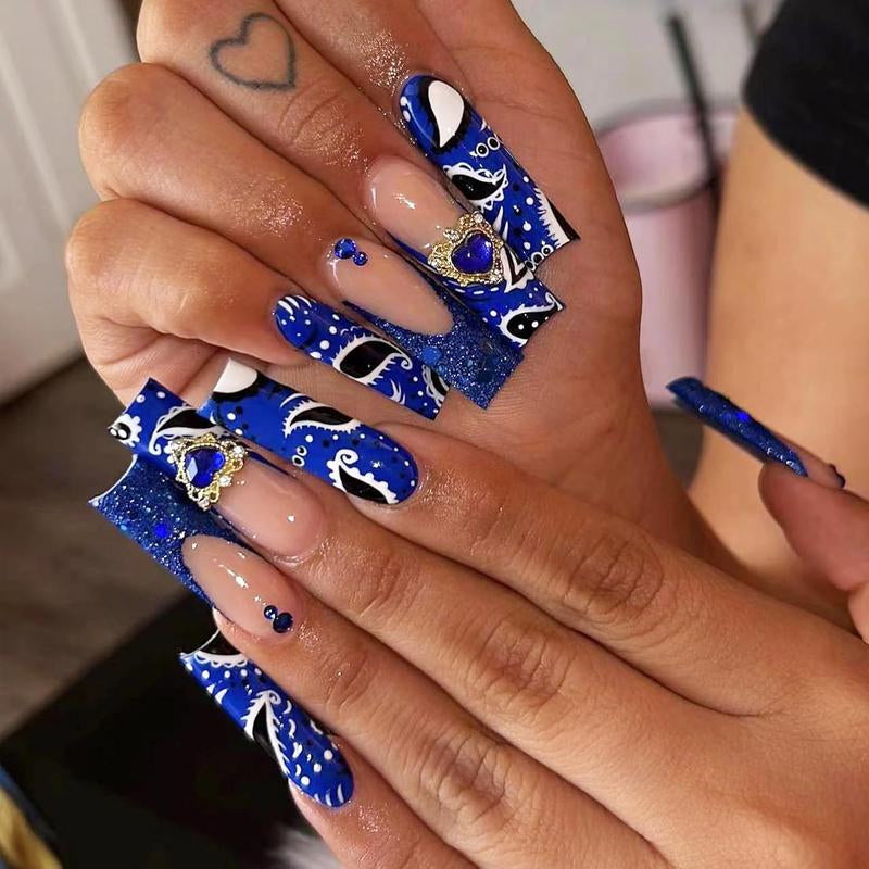 Long Press on Nails Square Fake Nails Press Ons Black White French Tip Glue on Nails Gothic Extra Long Squoval Acrylic Nails with Star Y2K Design 24Pcs Glossy