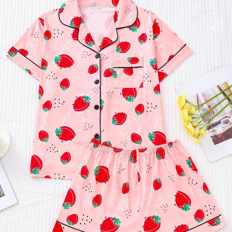 2-Piece Fruit Printed Women'S Pajama Set - Comfortable Short Sleeve Button up Shirt, Leading and Elastic Waist Shorts, Couples' Casual Four Seasons Pajamas and Home Clothes, Machine Washable, Polyester Blended