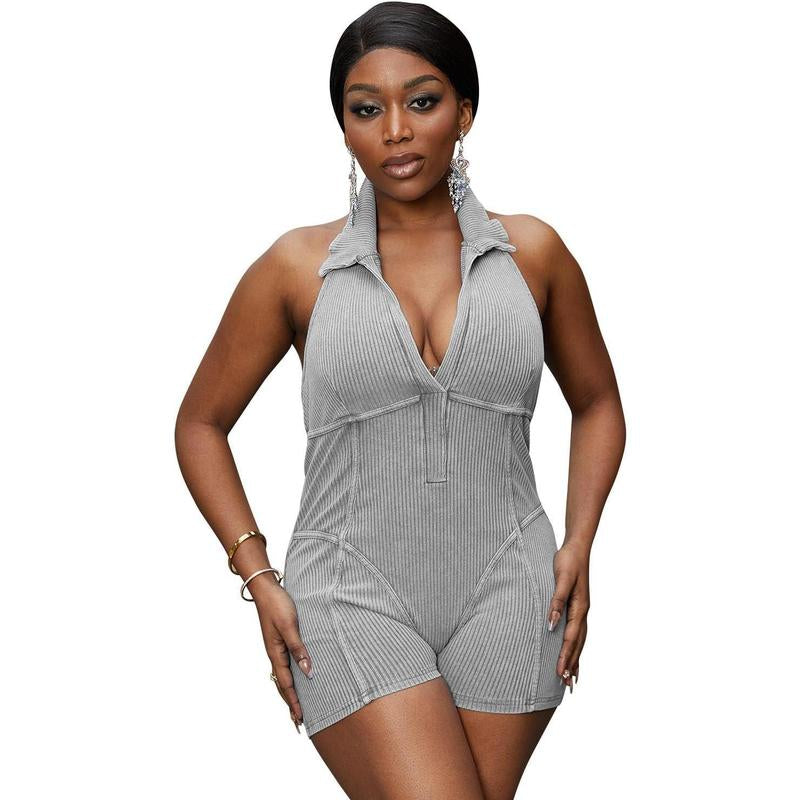 Shorts for Women Sexy Deep V- Halter Backless Sleeveless Stretchy One Count Rompers Club Outfit