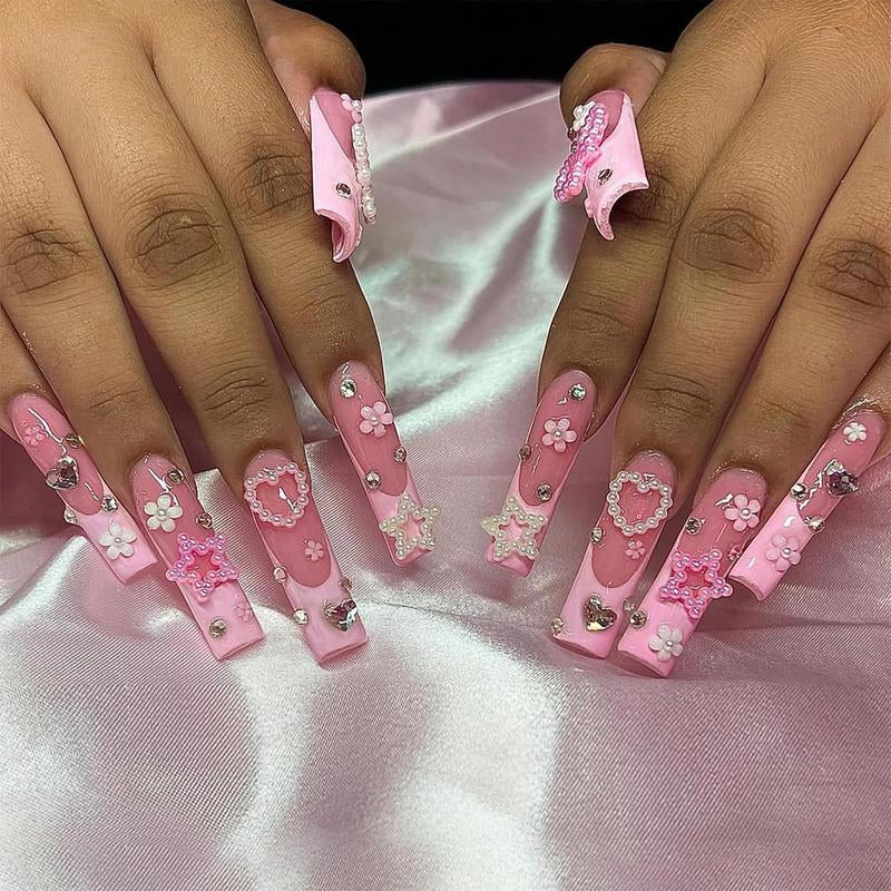 Long Press on Nails Square Fake Nails Press Ons Black White French Tip Glue on Nails Gothic Extra Long Squoval Acrylic Nails with Star Y2K Design 24Pcs Glossy