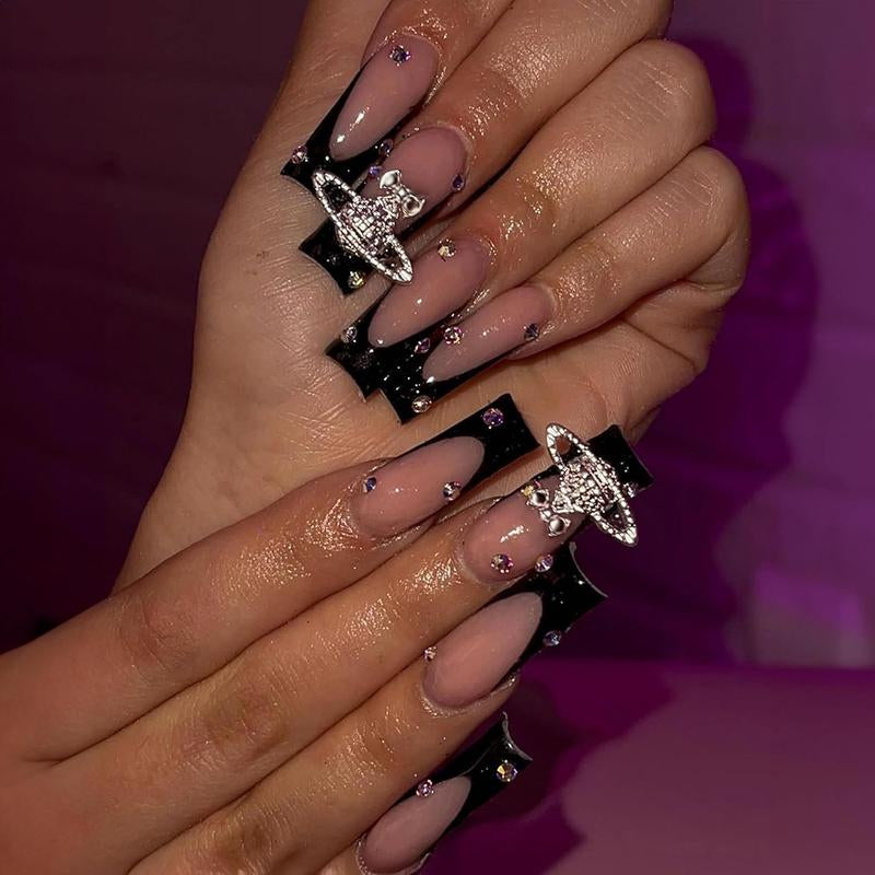 Long Press on Nails Square Fake Nails Press Ons Black White French Tip Glue on Nails Gothic Extra Long Squoval Acrylic Nails with Star Y2K Design 24Pcs Glossy