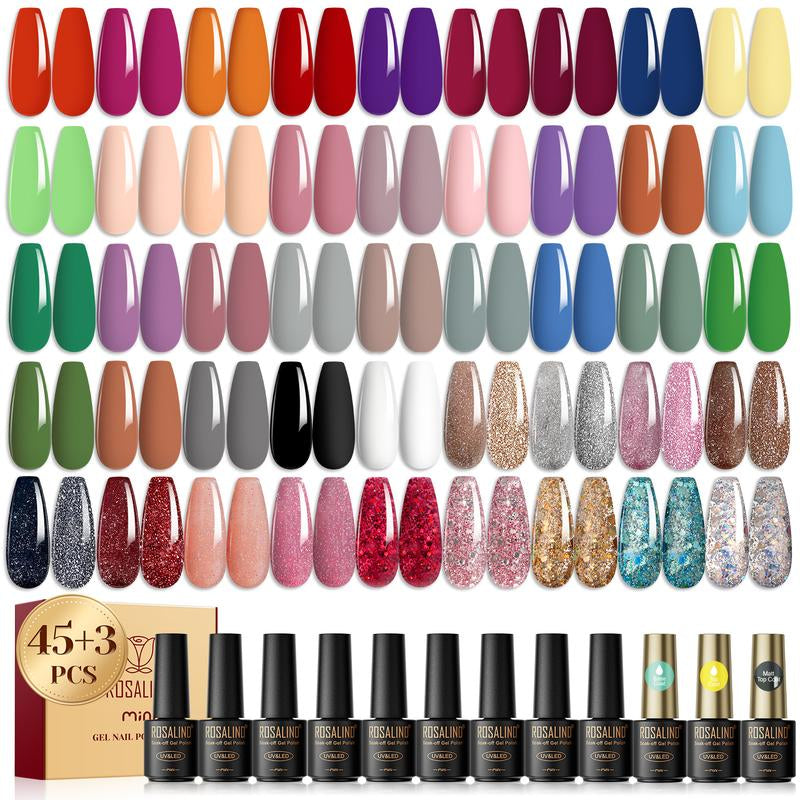 ROSALIND Multi-Colors Gel Nail Polish Set 48PCS Nude Pink Shiny Colorful with Base Matte & Glossy Gel Top Coat Gel Varnish Set Suitable Party Design