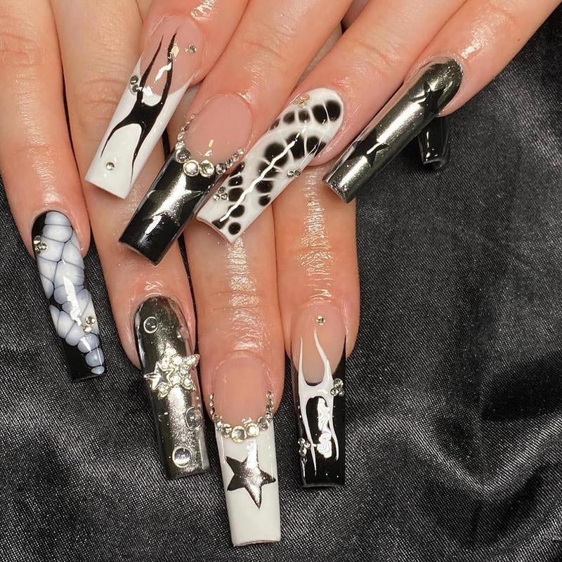 Long Press on Nails Square Fake Nails Press Ons Black White French Tip Glue on Nails Gothic Extra Long Squoval Acrylic Nails with Star Y2K Design 24Pcs Glossy