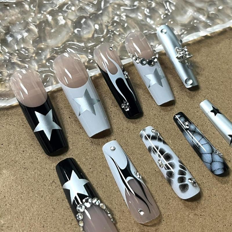 Long Press on Nails Square Fake Nails Press Ons Black White French Tip Glue on Nails Gothic Extra Long Squoval Acrylic Nails with Star Y2K Design 24Pcs Glossy