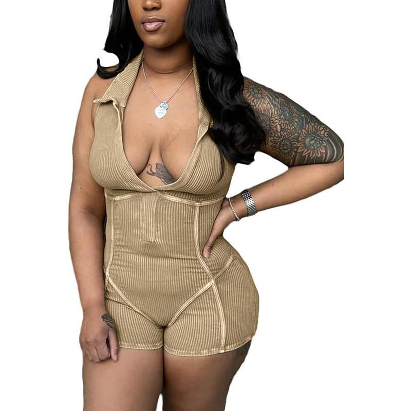Shorts for Women Sexy Deep V- Halter Backless Sleeveless Stretchy One Count Rompers Club Outfit