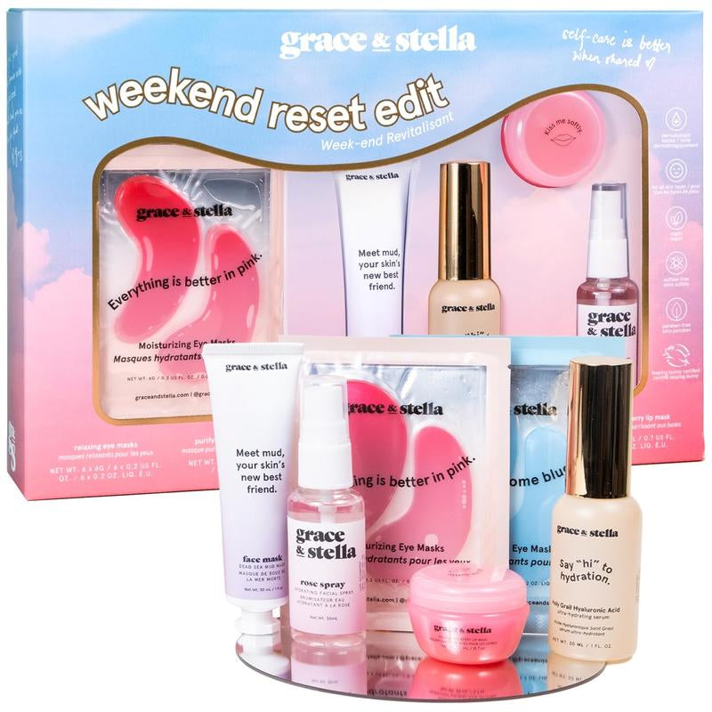 Grace & Stella Weekend Reset Skincare Gift Set Hyaluronic Vegan Self-Care Pamper Set under Eye Masks Lip Mask Rose Water Spray Hydration Glow