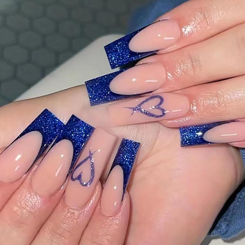 Long Press on Nails Square Fake Nails Press Ons Black White French Tip Glue on Nails Gothic Extra Long Squoval Acrylic Nails with Star Y2K Design 24Pcs Glossy