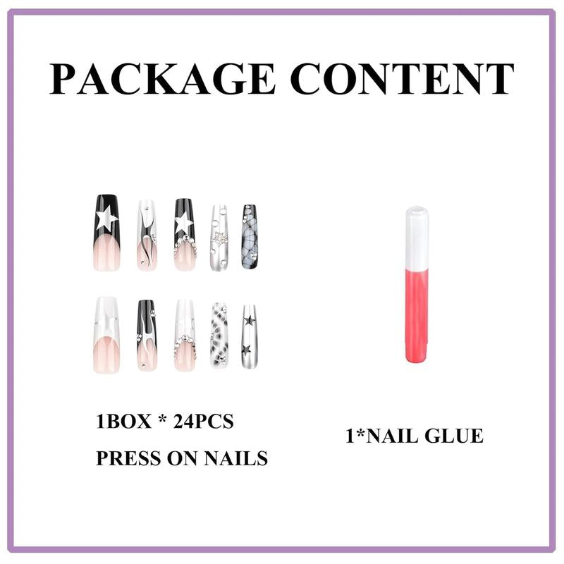 Long Press on Nails Square Fake Nails Press Ons Black White French Tip Glue on Nails Gothic Extra Long Squoval Acrylic Nails with Star Y2K Design 24Pcs Glossy