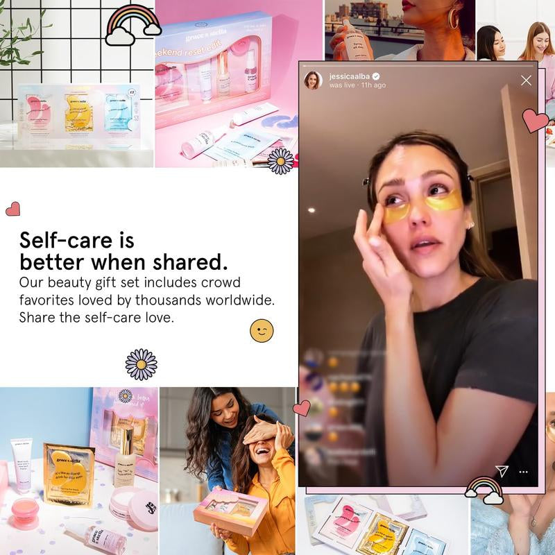 Grace & Stella Weekend Reset Skincare Gift Set Hyaluronic Vegan Self-Care Pamper Set under Eye Masks Lip Mask Rose Water Spray Hydration Glow