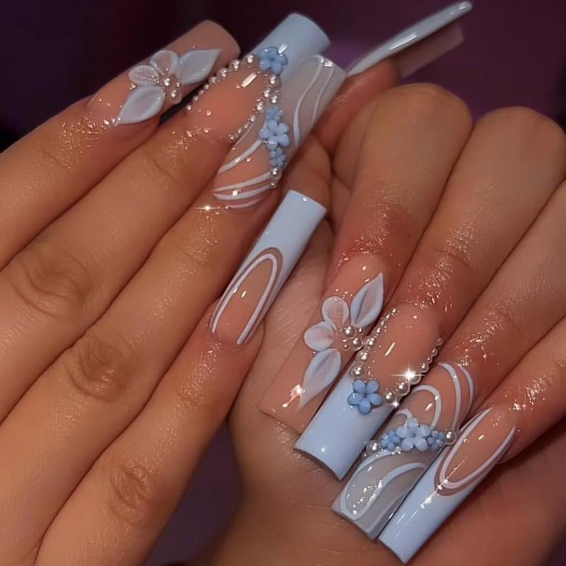 Long Press on Nails Square Fake Nails Press Ons Black White French Tip Glue on Nails Gothic Extra Long Squoval Acrylic Nails with Star Y2K Design 24Pcs Glossy