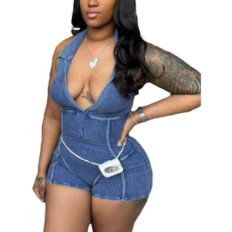 Shorts for Women Sexy Deep V- Halter Backless Sleeveless Stretchy One Count Rompers Club Outfit
