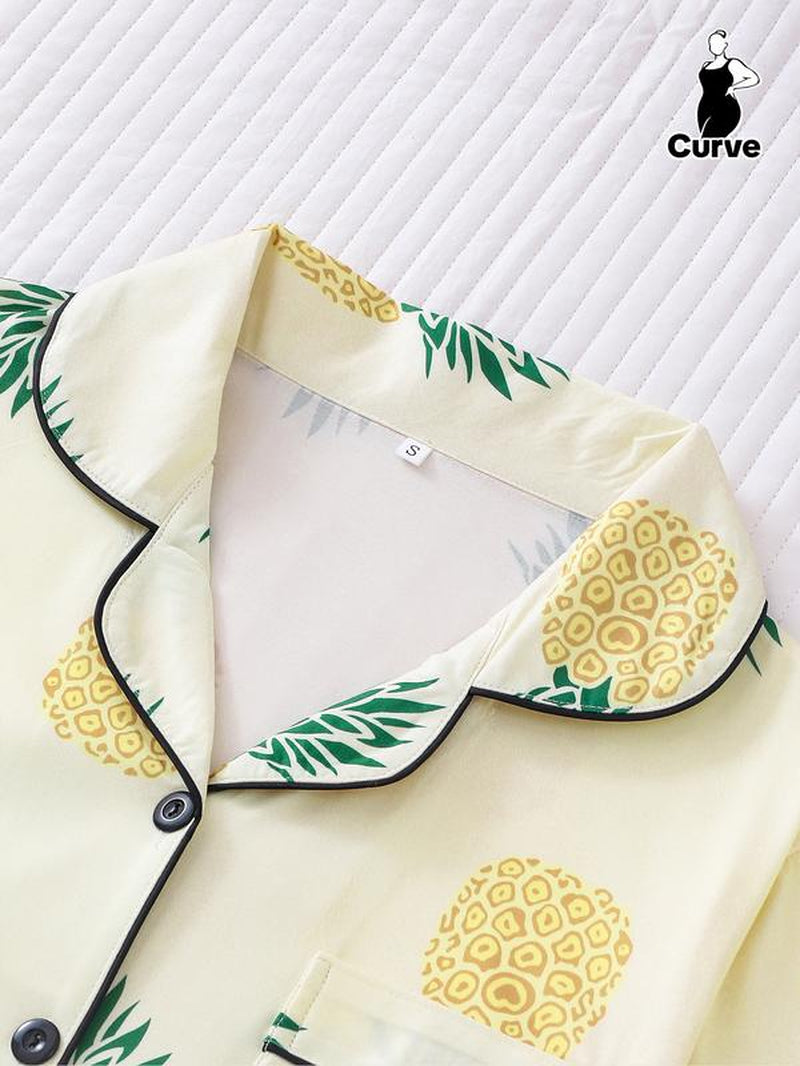 2-Piece Fruit Printed Women'S Pajama Set - Comfortable Short Sleeve Button up Shirt, Leading and Elastic Waist Shorts, Couples' Casual Four Seasons Pajamas and Home Clothes, Machine Washable, Polyester Blended