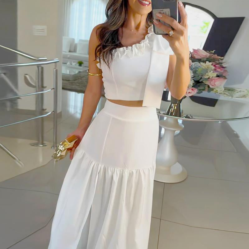 Chicme Women'S One-Shoulder Shirred Crop Top with Ruffle Slit Skirt Set