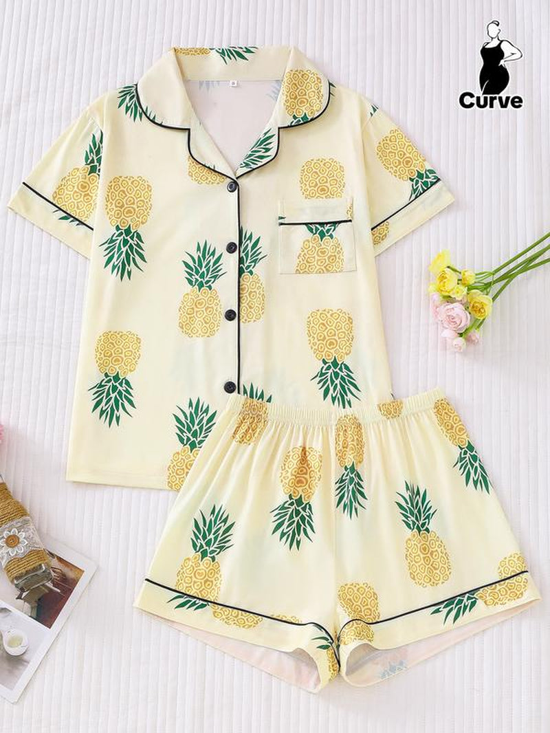 2-Piece Fruit Printed Women'S Pajama Set - Comfortable Short Sleeve Button up Shirt, Leading and Elastic Waist Shorts, Couples' Casual Four Seasons Pajamas and Home Clothes, Machine Washable, Polyester Blended