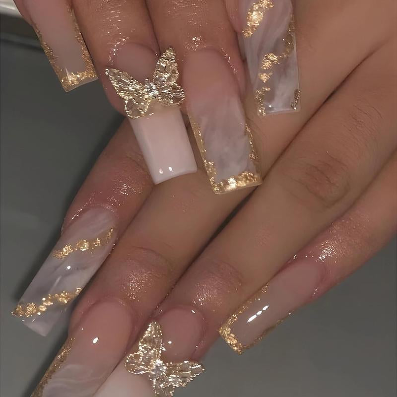 Long Press on Nails Square Fake Nails Press Ons Black White French Tip Glue on Nails Gothic Extra Long Squoval Acrylic Nails with Star Y2K Design 24Pcs Glossy