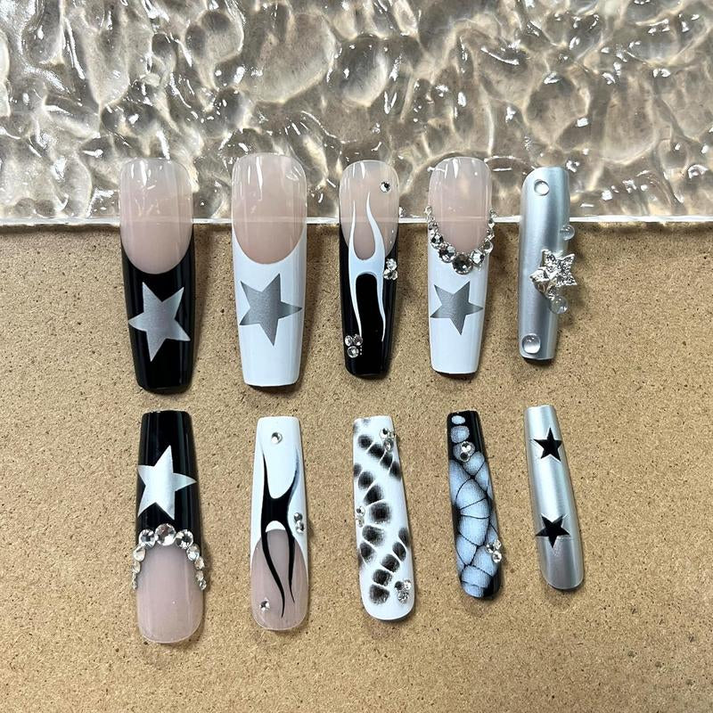 Long Press on Nails Square Fake Nails Press Ons Black White French Tip Glue on Nails Gothic Extra Long Squoval Acrylic Nails with Star Y2K Design 24Pcs Glossy