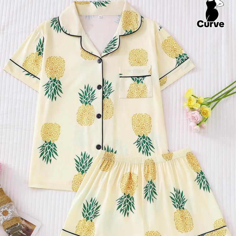 2-Piece Fruit Printed Women'S Pajama Set - Comfortable Short Sleeve Button up Shirt, Leading and Elastic Waist Shorts, Couples' Casual Four Seasons Pajamas and Home Clothes, Machine Washable, Polyester Blended
