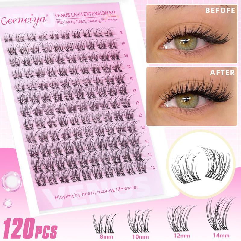 Geeneiya Lashes DIY Lash Clusters Kit, 8-18MM Wet Set Lash Extensions, Ultra-Thin Soft Band Eyelash Extension Kit with Waterproof Lash Bond and Seal, Professional Lash Remover, Tweezers for Girls Gift Makeup Cosmetic (Venus/ Flora/ Wet Manga)