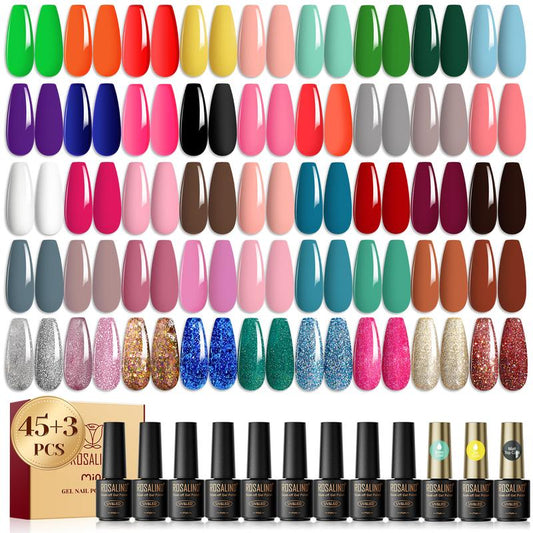 ROSALIND Multi-Colors Gel Nail Polish Set 48PCS Nude Pink Shiny Colorful with Base Matte & Glossy Gel Top Coat Gel Varnish Set Suitable Party Design