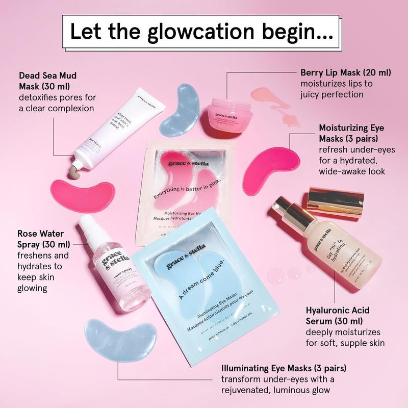 Grace & Stella Weekend Reset Skincare Gift Set Hyaluronic Vegan Self-Care Pamper Set under Eye Masks Lip Mask Rose Water Spray Hydration Glow