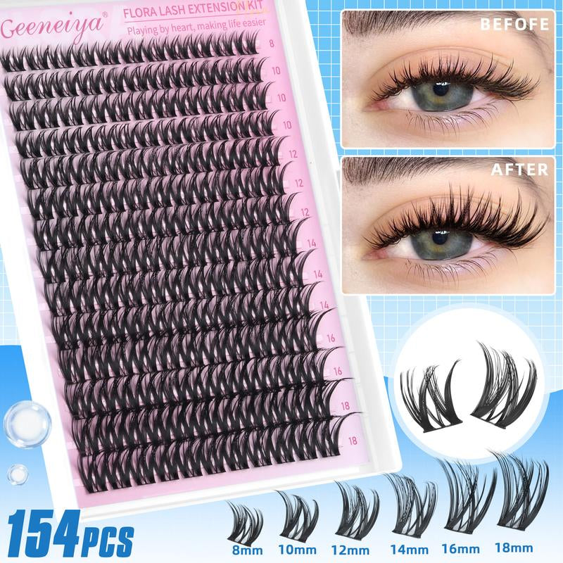 Geeneiya Lashes DIY Lash Clusters Kit, 8-18MM Wet Set Lash Extensions, Ultra-Thin Soft Band Eyelash Extension Kit with Waterproof Lash Bond and Seal, Professional Lash Remover, Tweezers for Girls Gift Makeup Cosmetic (Venus/ Flora/ Wet Manga)