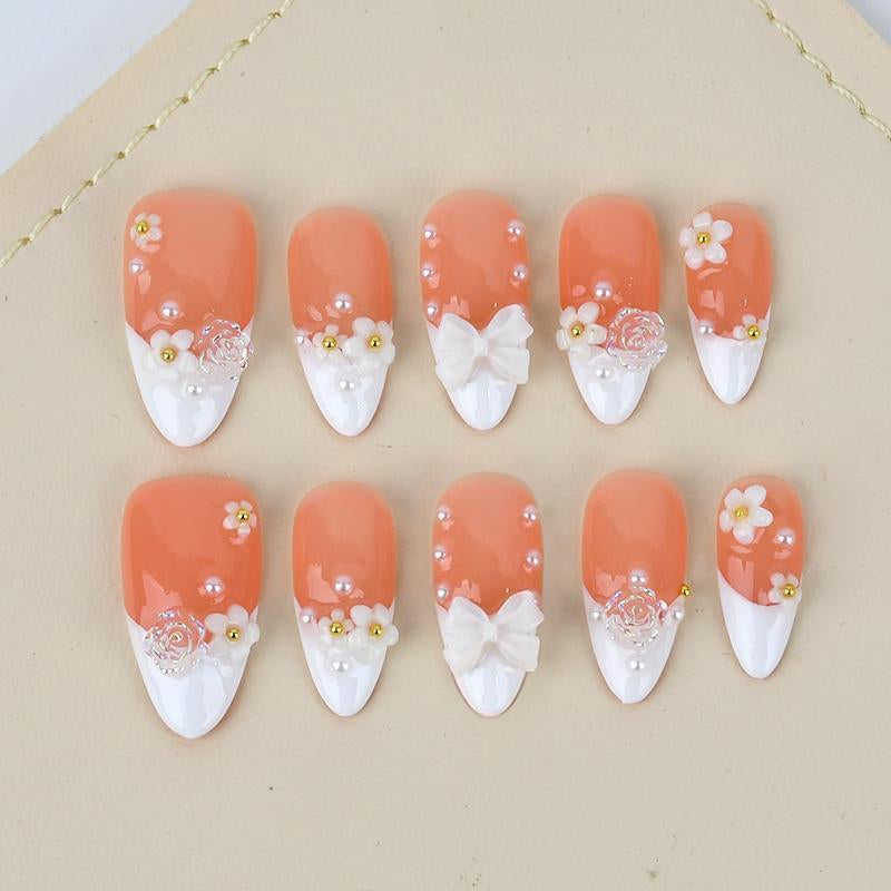 Acrylic Nails W/ Glue Kit - Handmade 3D Flower White French Reusable Press on Nails - Salon-Grade Custom Medium Length Fake Nails for Women