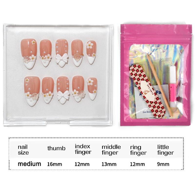 Acrylic Nails W/ Glue Kit - Handmade 3D Flower White French Reusable Press on Nails - Salon-Grade Custom Medium Length Fake Nails for Women