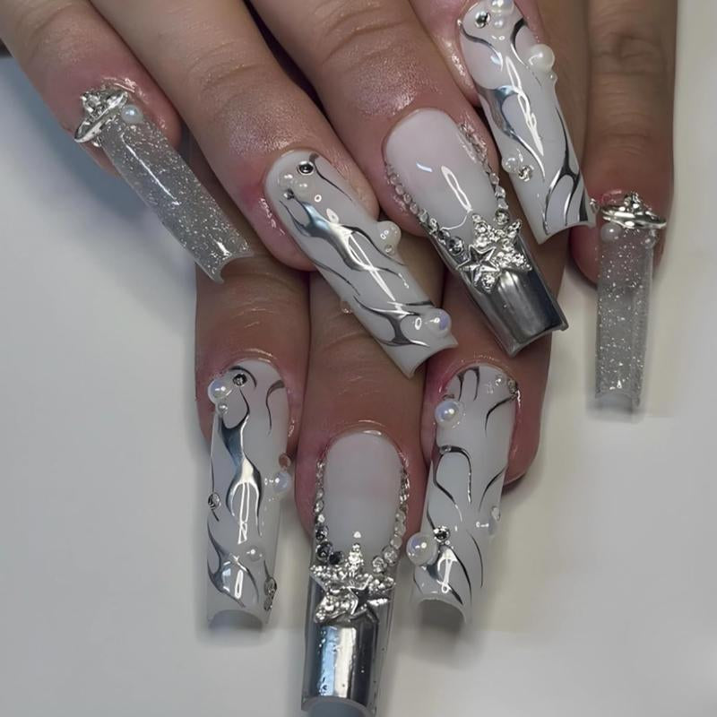 Long Press on Nails Square Fake Nails Press Ons Black White French Tip Glue on Nails Gothic Extra Long Squoval Acrylic Nails with Star Y2K Design 24Pcs Glossy