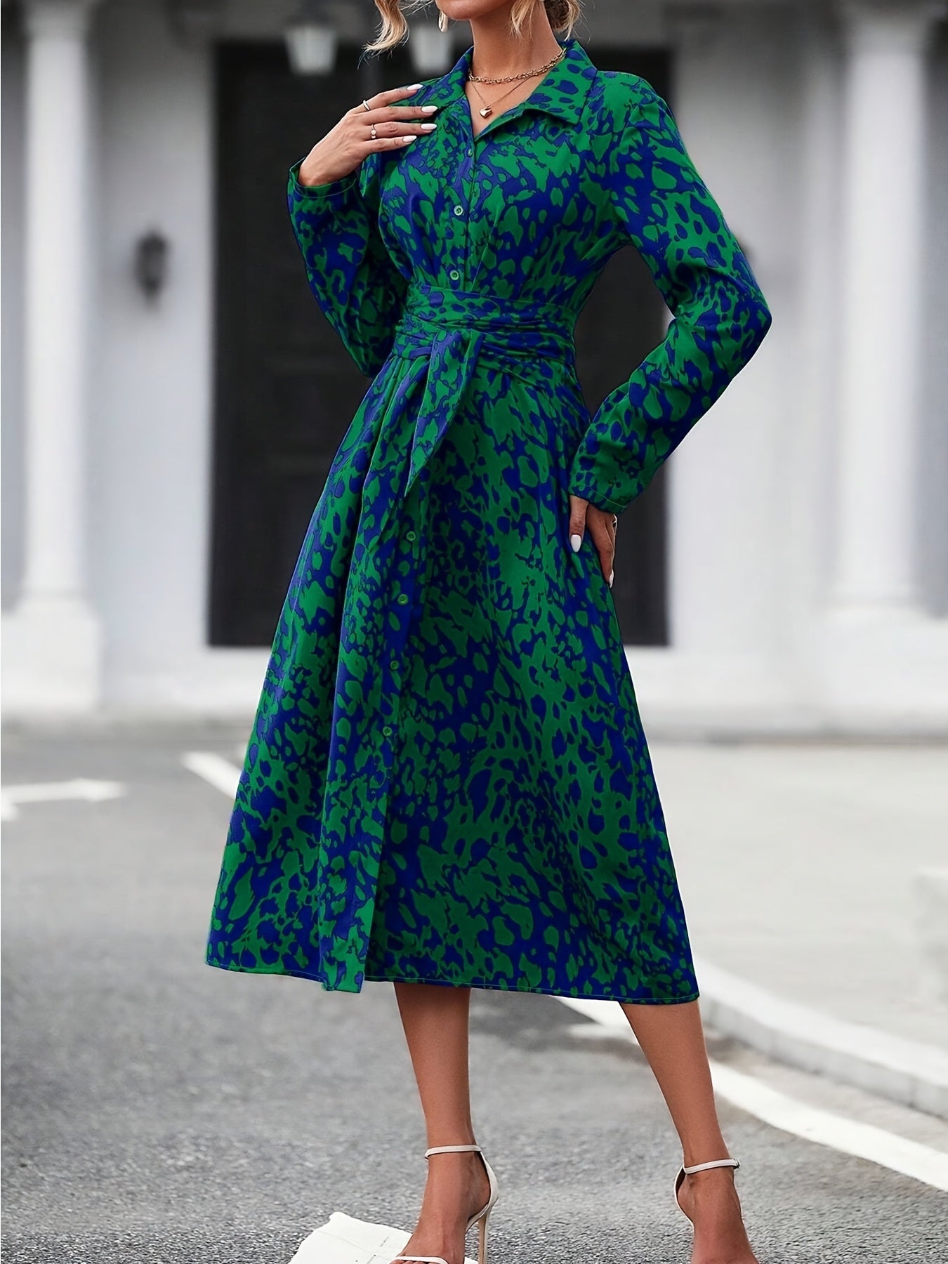 Women's Long-Sleeved All-Over Leopard Print Belted Shirt Dress - Casual Maxi Dress