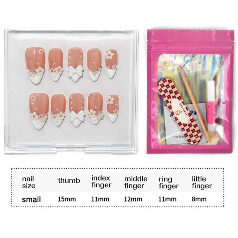 Acrylic Nails W/ Glue Kit - Handmade 3D Flower White French Reusable Press on Nails - Salon-Grade Custom Medium Length Fake Nails for Women