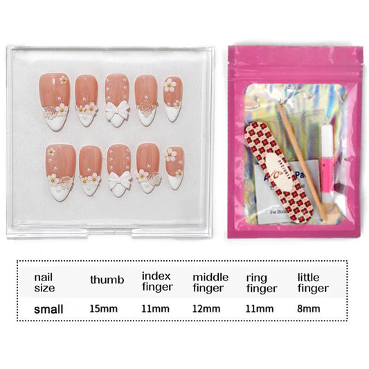 Acrylic Nails W/ Glue Kit - Handmade 3D Flower White French Reusable Press on Nails - Salon-Grade Custom Medium Length Fake Nails for Women