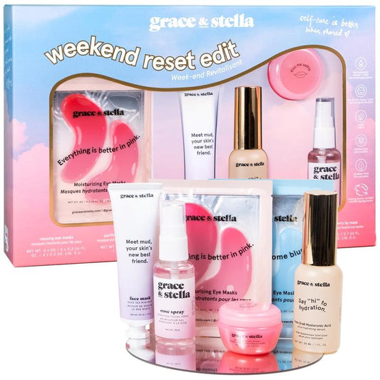Grace & Stella Weekend Reset Skincare Gift Set Hyaluronic Vegan Self-Care Pamper Set under Eye Masks Lip Mask Rose Water Spray Hydration Glow