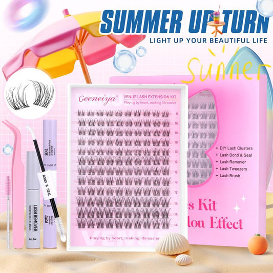 Geeneiya Lashes DIY Lash Clusters Kit, 8-18MM Wet Set Lash Extensions, Ultra-Thin Soft Band Eyelash Extension Kit with Waterproof Lash Bond and Seal, Professional Lash Remover, Tweezers for Girls Gift Makeup Cosmetic (Venus/ Flora/ Wet Manga)
