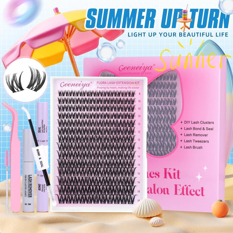 Geeneiya Lashes DIY Lash Clusters Kit, 8-18MM Wet Set Lash Extensions, Ultra-Thin Soft Band Eyelash Extension Kit with Waterproof Lash Bond and Seal, Professional Lash Remover, Tweezers for Girls Gift Makeup Cosmetic (Venus/ Flora/ Wet Manga)