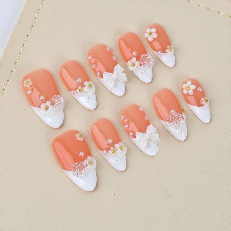 Acrylic Nails W/ Glue Kit - Handmade 3D Flower White French Reusable Press on Nails - Salon-Grade Custom Medium Length Fake Nails for Women