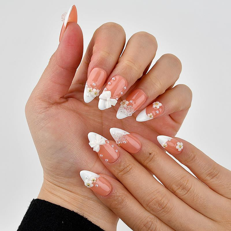 Acrylic Nails W/ Glue Kit - Handmade 3D Flower White French Reusable Press on Nails - Salon-Grade Custom Medium Length Fake Nails for Women