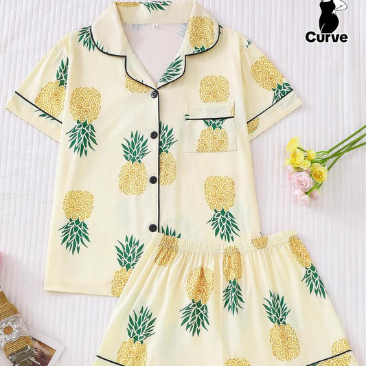 2-Piece Fruit Printed Women'S Pajama Set - Comfortable Short Sleeve Button up Shirt, Leading and Elastic Waist Shorts, Couples' Casual Four Seasons Pajamas and Home Clothes, Machine Washable, Polyester Blended